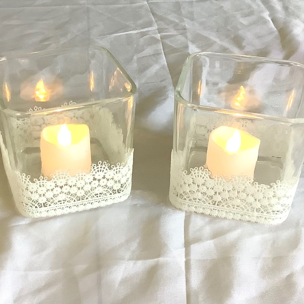 2 Square glass votive candleholder embellished white embroidered Venice lace